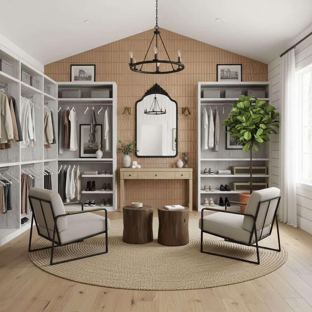 Bright, modern walk-in closet with neutral tones.