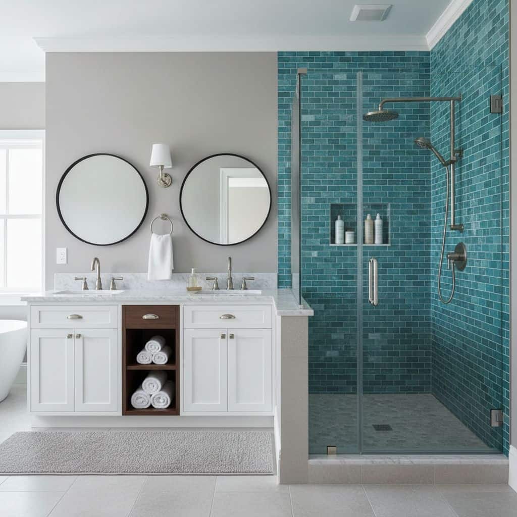 Blue glass mosaic tiles with a textured surface, used on the shower wall for a vibrant, modern look.