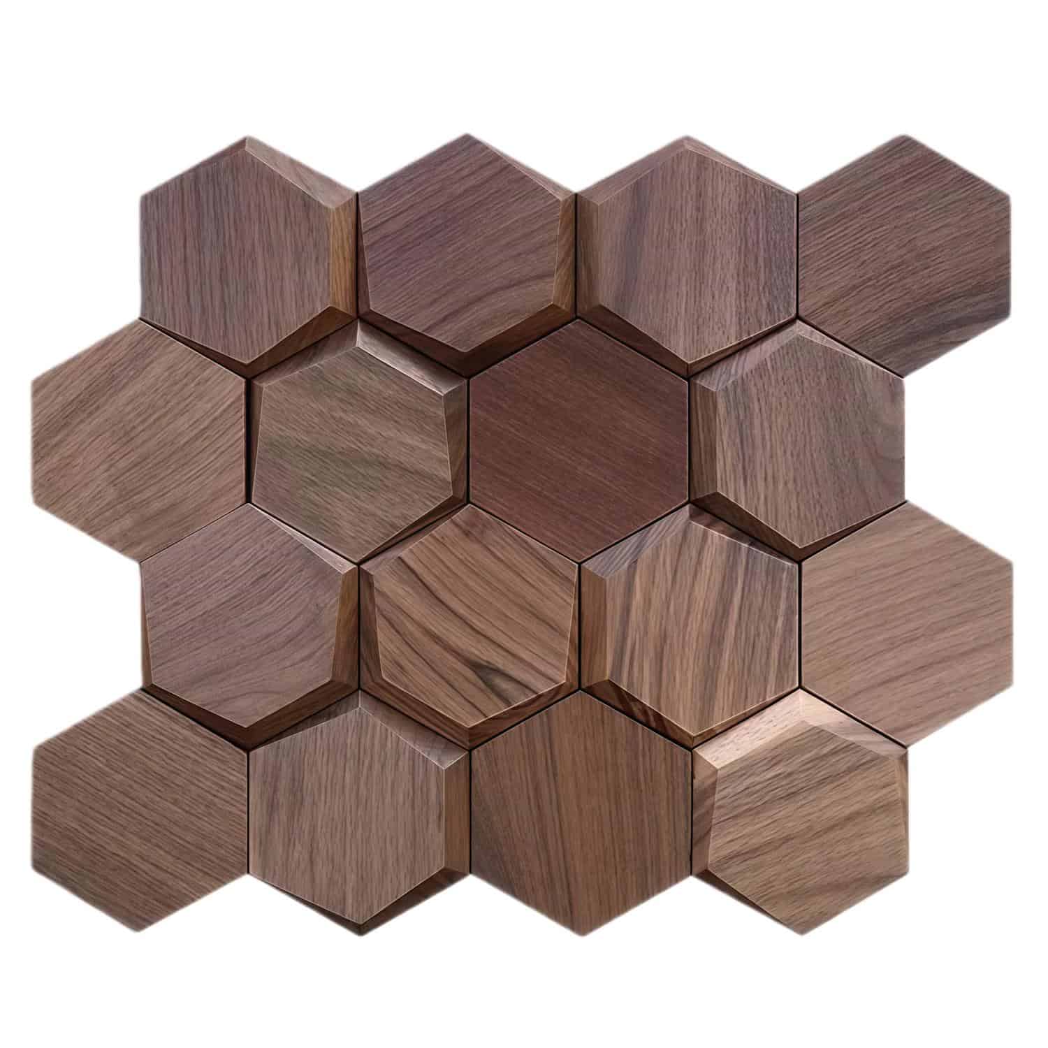 Natural brown wood hexagon tile with smooth texture and visible wood grain pattern.