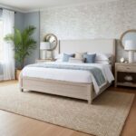 A serene bedroom featuring a textured, iridescent wall tile behind the bed, with a neutral color palette, wooden furniture, a.