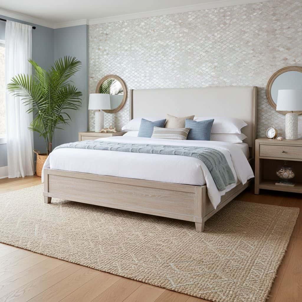 A serene bedroom featuring a textured, iridescent wall tile behind the bed, with a neutral color palette, wooden furniture, a.