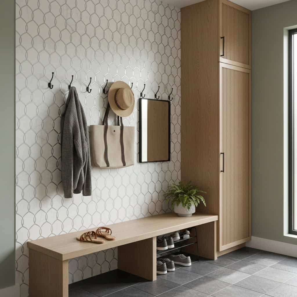 Wood and tile materials, neutral beige and gray colors, modern minimalist design.