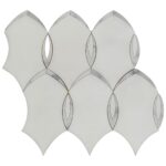 Bright white, glossy, textured geometric tile with curved edges.