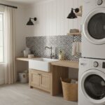 Bright geometric patterned tile wall in black and white.