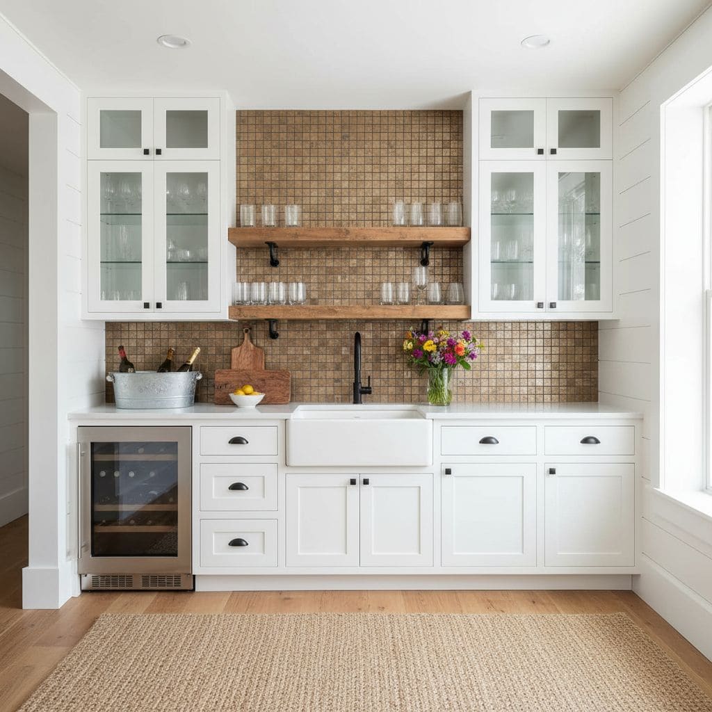 Bright white kitchen cabinetry with glass-paneled doors and black hardware, complemented by a natural wood shelf.