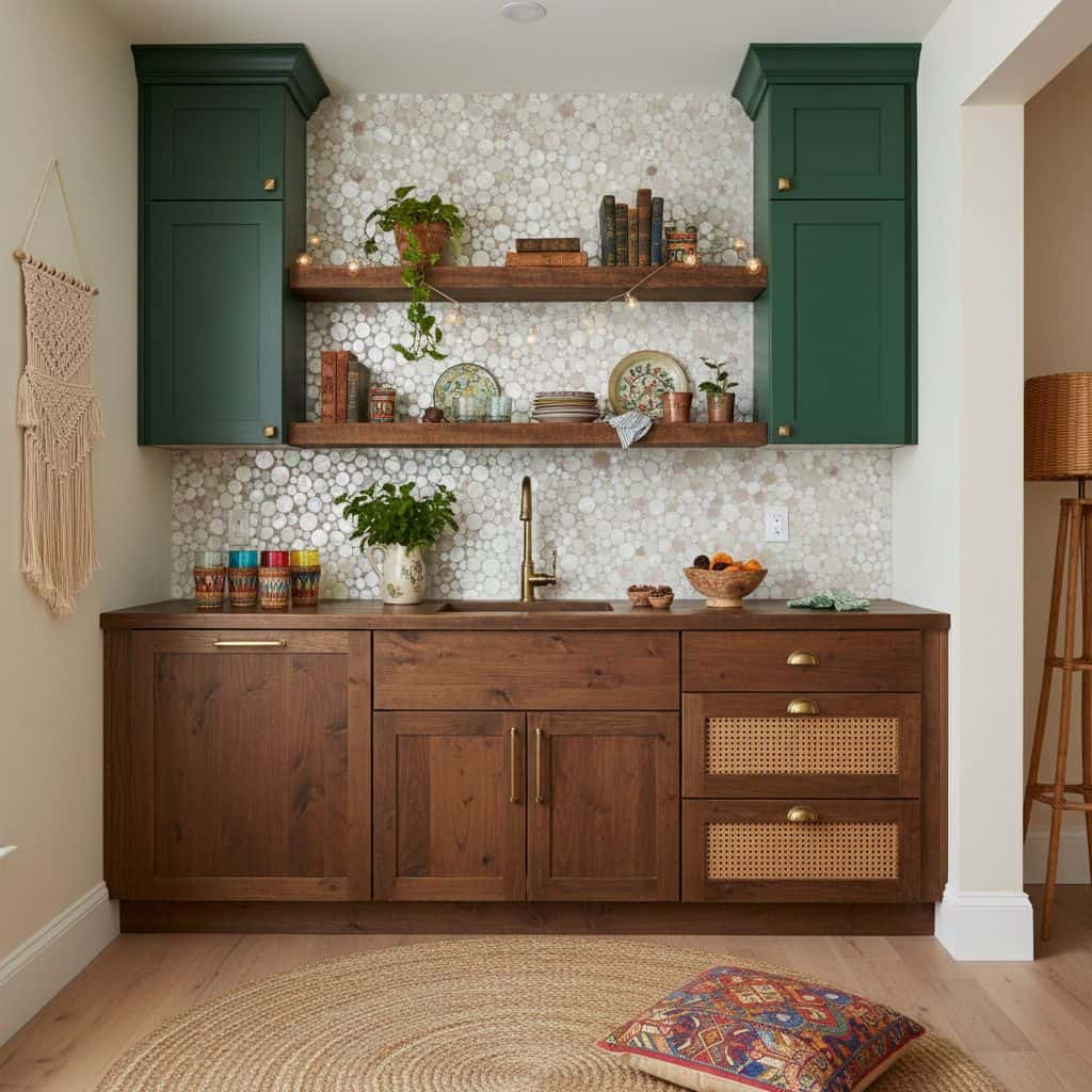 Green wall tiles with a textured, mosaic pattern complement the wooden cabinetry and open shelves.