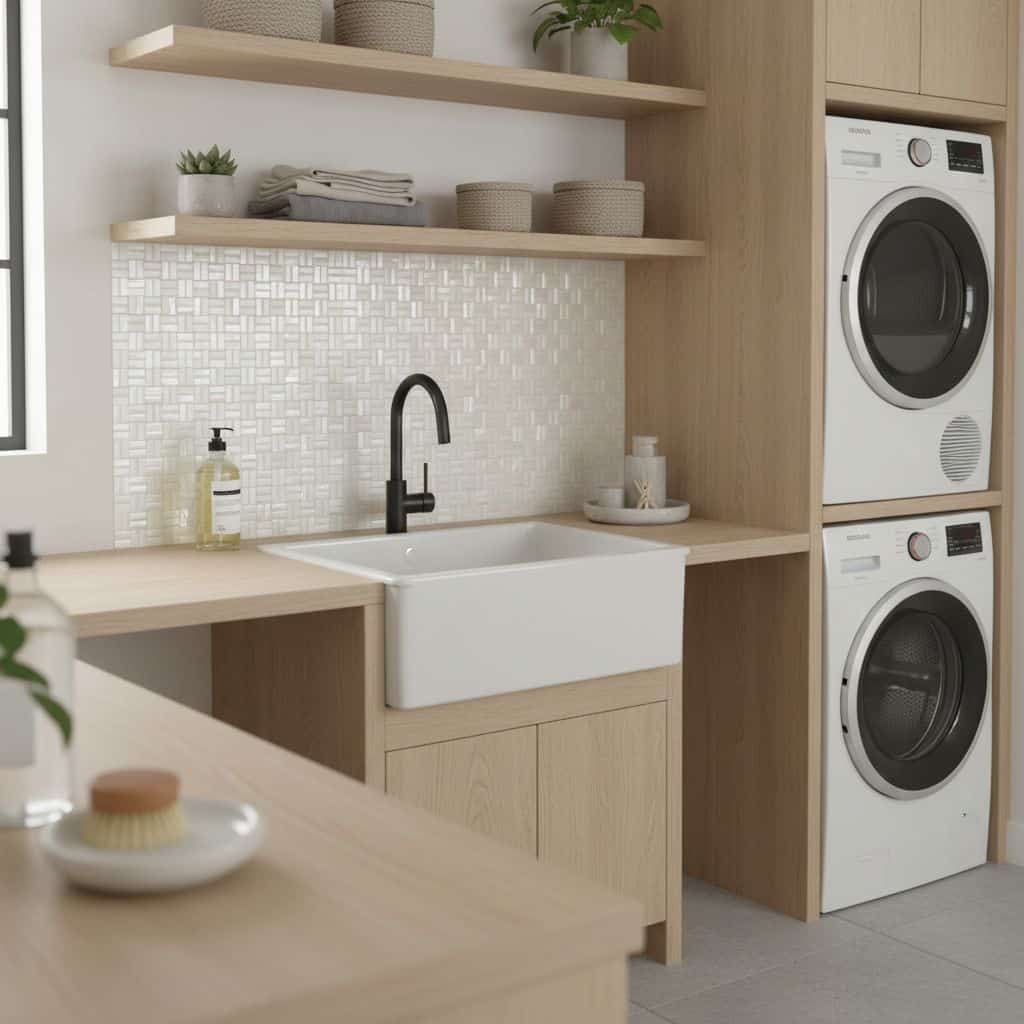 Laundry room with beige wood cabinetry, white farmhouse sink, and stacked washer and dryer.