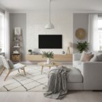 Bright white textured tile wall with subtle pattern, complementing contemporary living room decor.