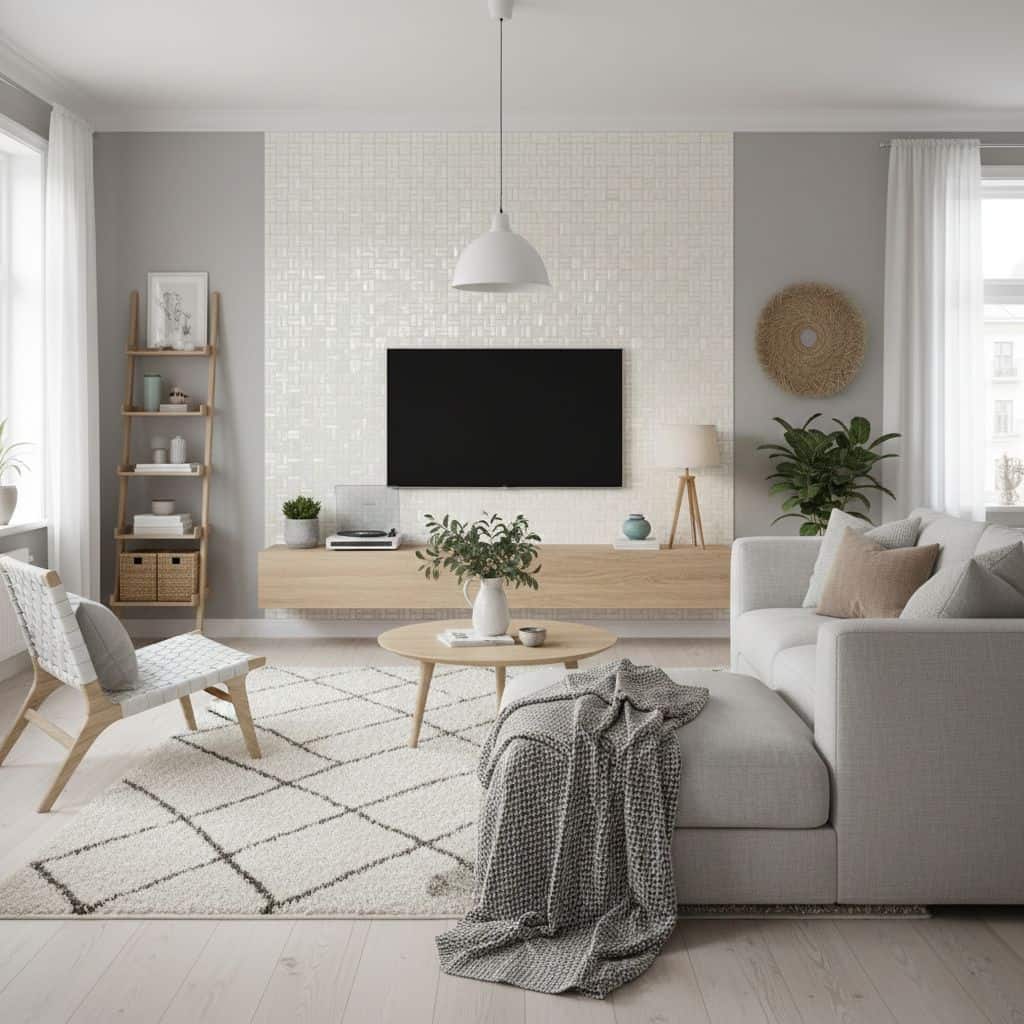Bright white textured tile wall with subtle pattern, complementing contemporary living room decor.