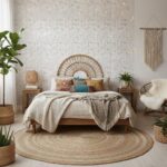 Bright, textured beige and cream tiles with a subtle pattern, creating a cozy and natural ambiance.