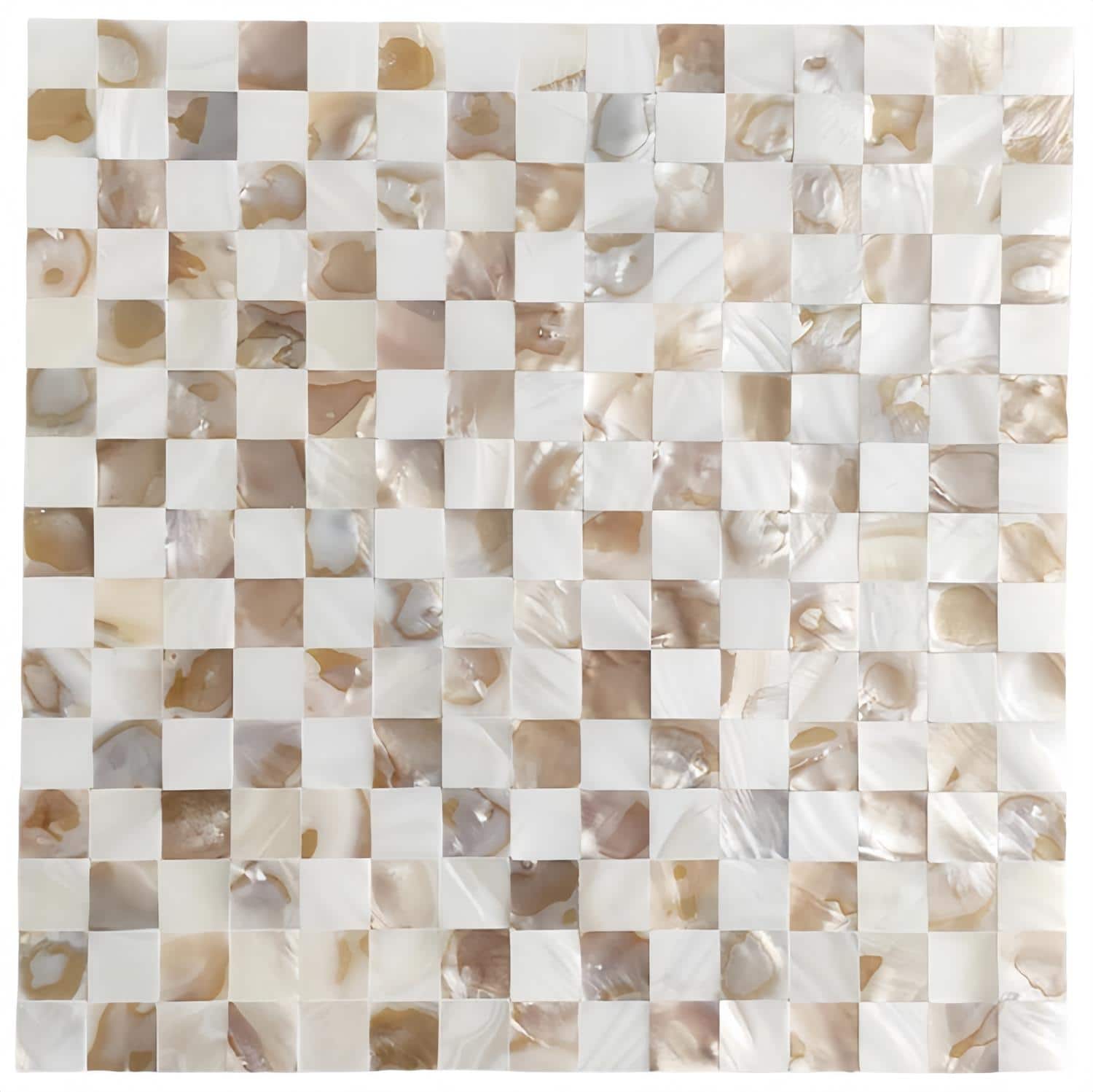Shimmering beige and white mother of pearl mosaic tile with a smooth, glossy texture.