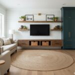 Living room wall with wooden shelves, potted plants, framed photos, and a mounted flat-screen TV, creating a cozy and modern.