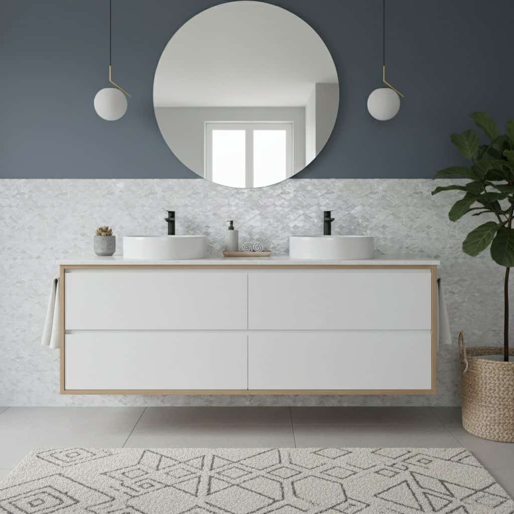 Modern bathroom vanity with white ceramic sinks, black faucets, and a large round mirror.