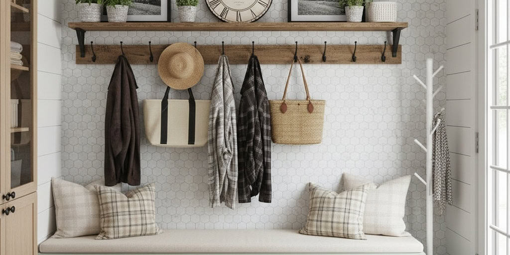 Wooden coat rack with fabric hooks and hanging accessories.