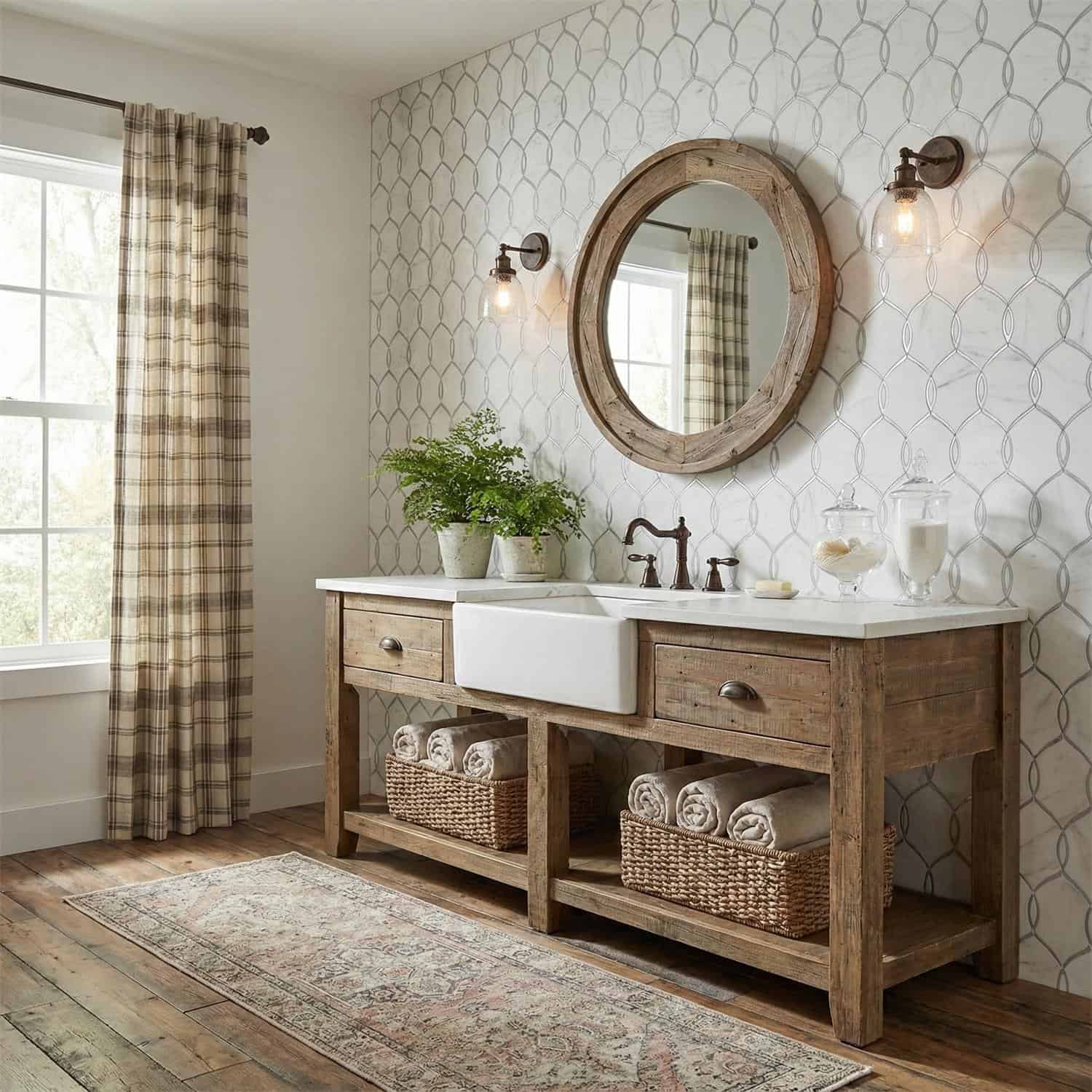 Rustic wooden bathroom vanity with a round mirror, wall sconces, and checkered curtains.