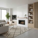 White textured tile with a subtle pattern, used on the fireplace wall in a contemporary living room.