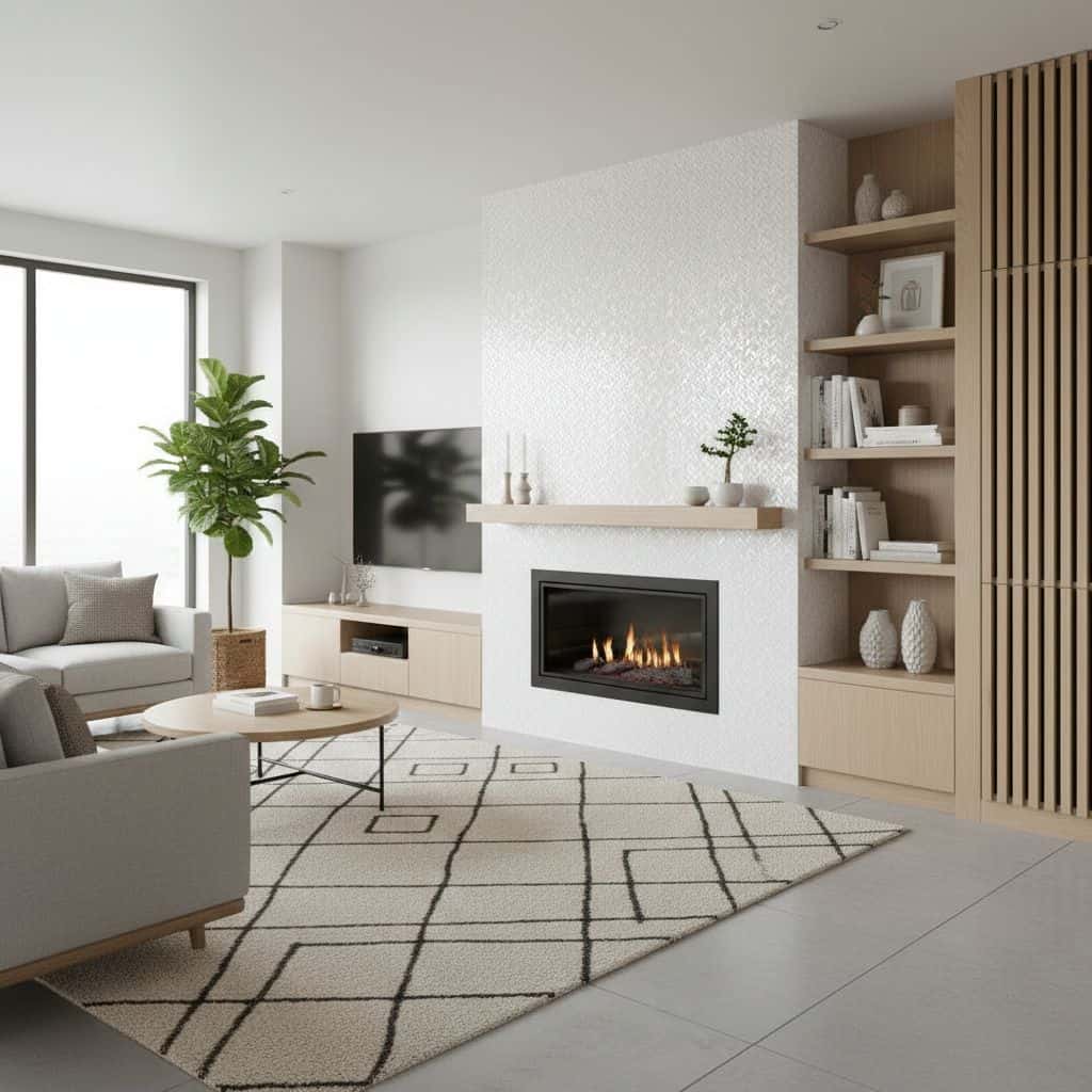 White textured tile with a subtle pattern, used on the fireplace wall in a contemporary living room.