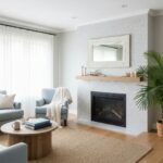 Light gray textured tile with subtle pattern around fireplace.