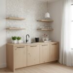 Light wood kitchen cabinet with black faucet and open shelves.