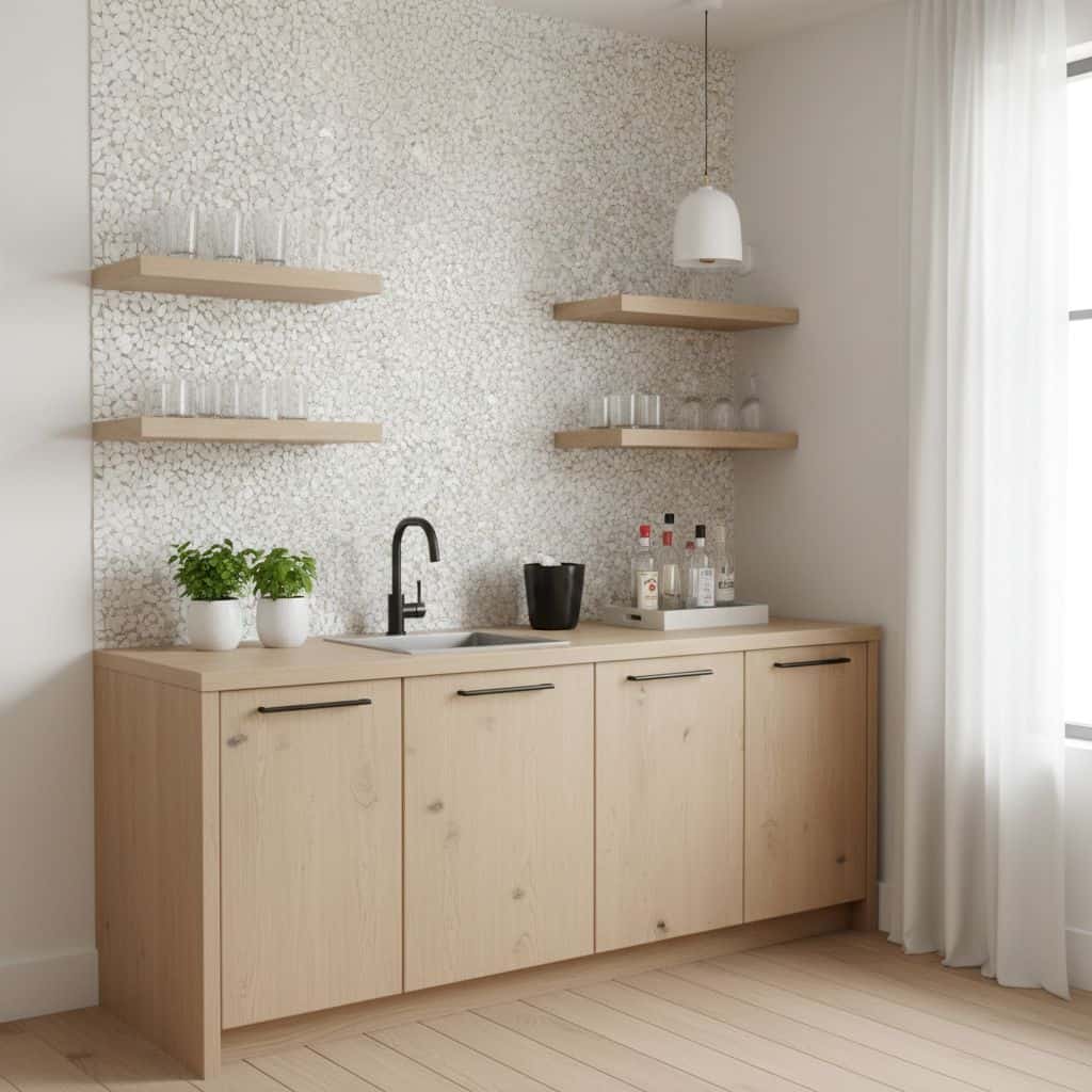 Light wood kitchen cabinet with black faucet and open shelves.