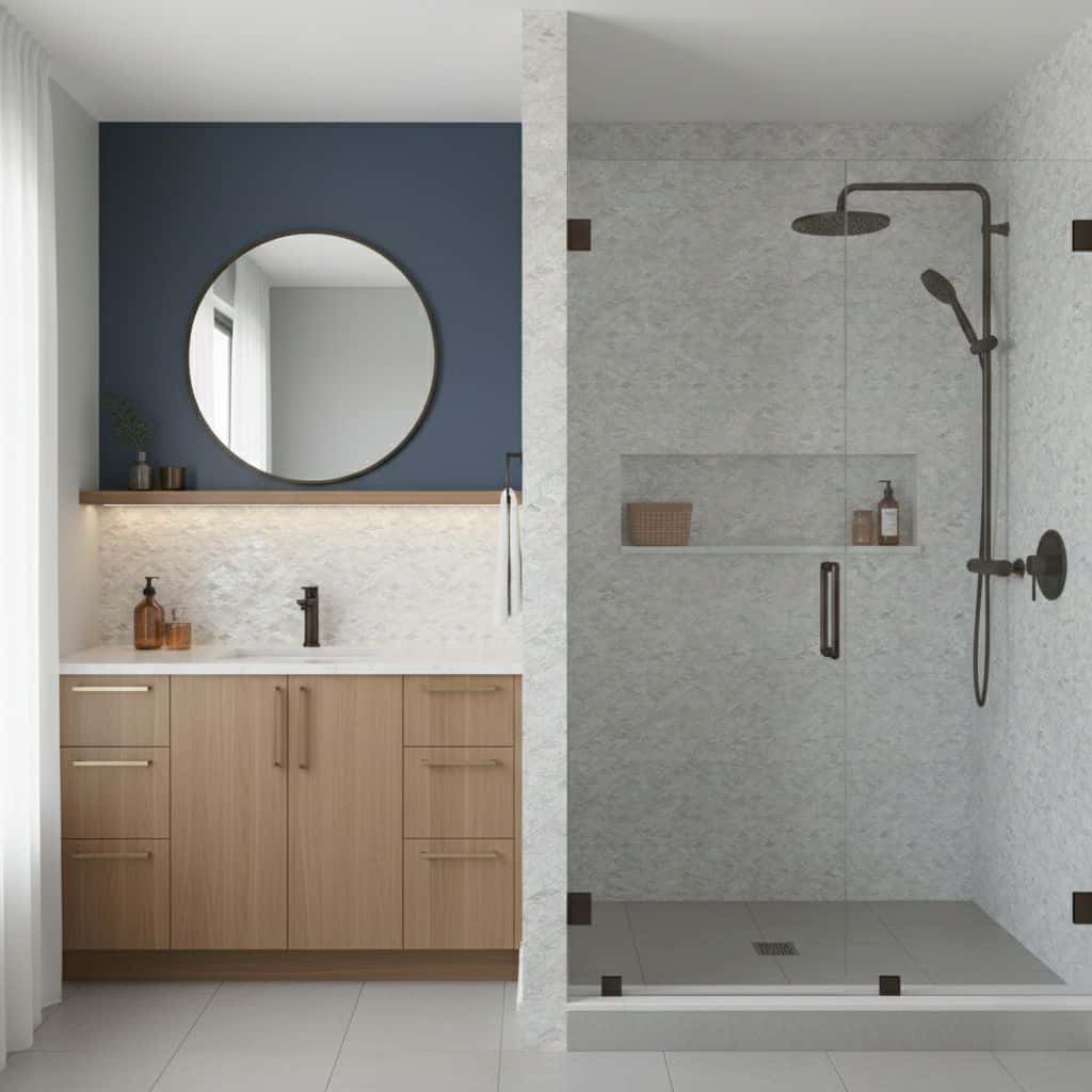 Bright white marble shower and vanity tiles with a smooth, polished texture and subtle gray veining.
