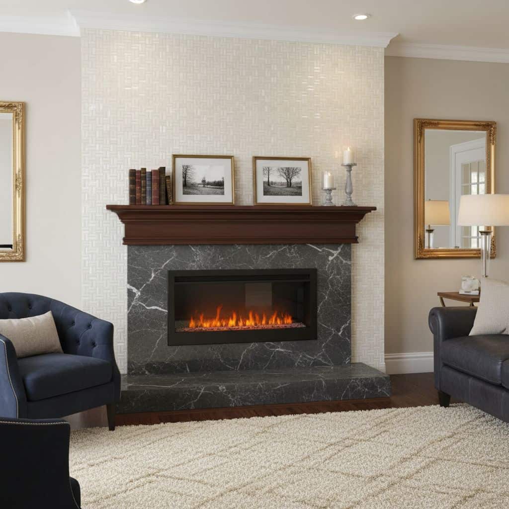 Elegant black marble fireplace with wooden mantel, white textured wall, and comfortable seating in a stylish living room.