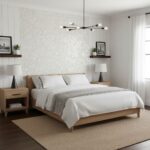 White textured tile wall with subtle pattern behind bed.