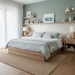 Light blue and beige textured wall tiles in a cozy bedroom setting.