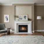 Fireplace with marble surround, beige wall, and abstract art prints.