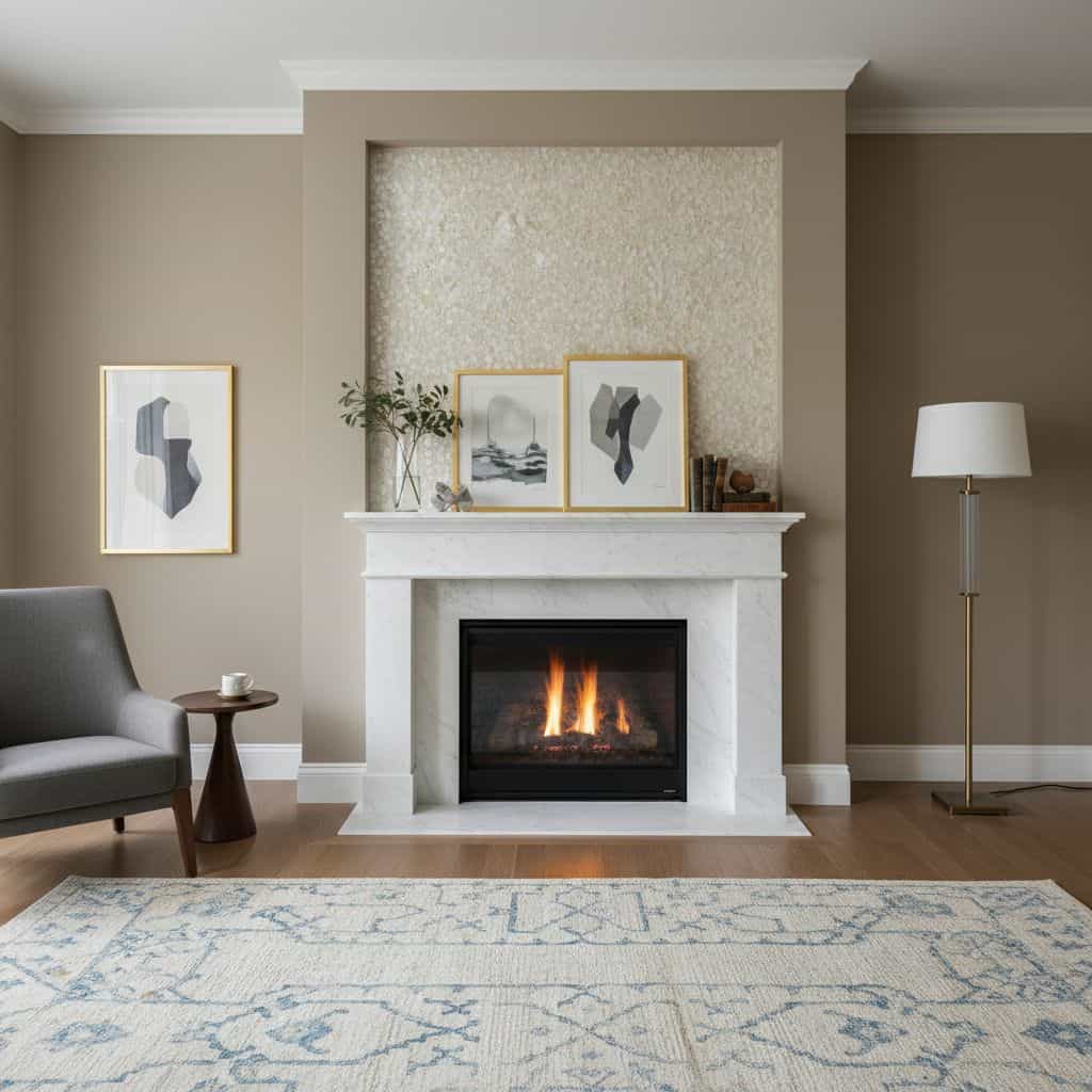 Fireplace with marble surround, beige wall, and abstract art prints.