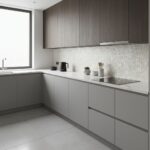 Gray and wood textured kitchen tiles with smooth surface and modern design.