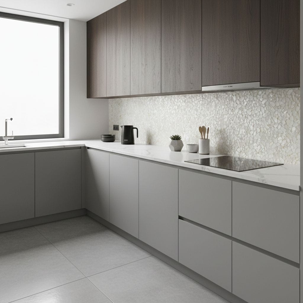 Gray and wood textured kitchen tiles with smooth surface and modern design.