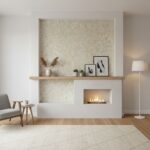 Cream textured tile wall with fireplace and minimalist decor.