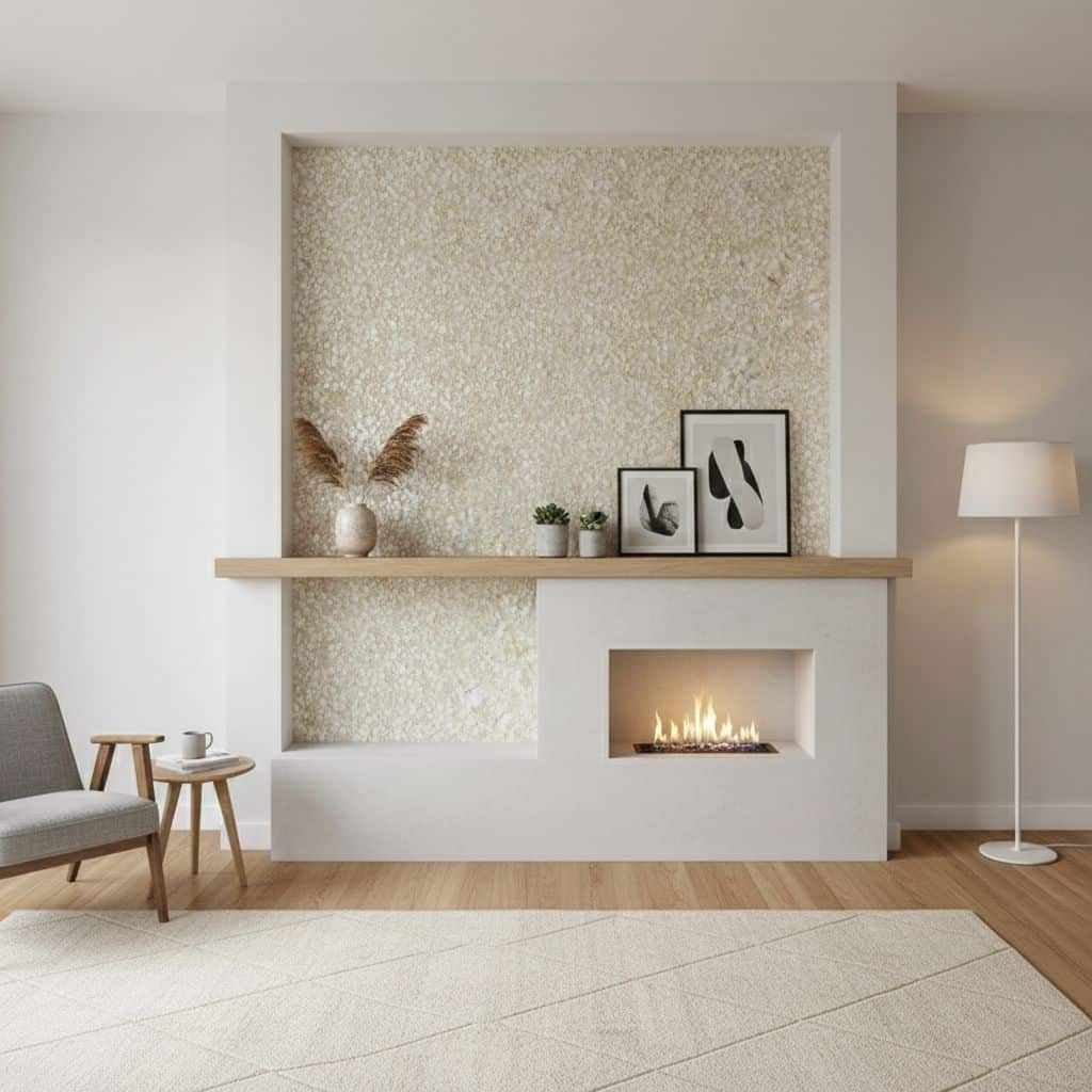 Cream textured tile wall with fireplace and minimalist decor.