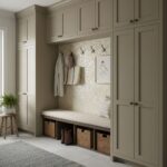 A beige storage bench with a cushioned seat, surrounded by matching beige cabinets and hooks, in a cozy entryway.
