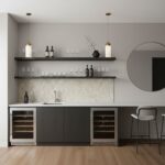Gray textured ceramic tile backsplash.