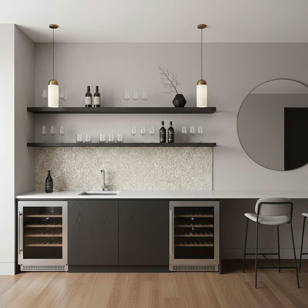 Gray textured ceramic tile backsplash.