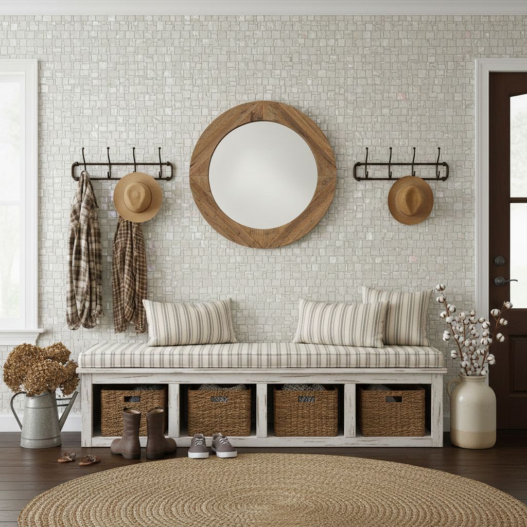Warm beige textured tile wall with woven storage bench and decorative accessories.