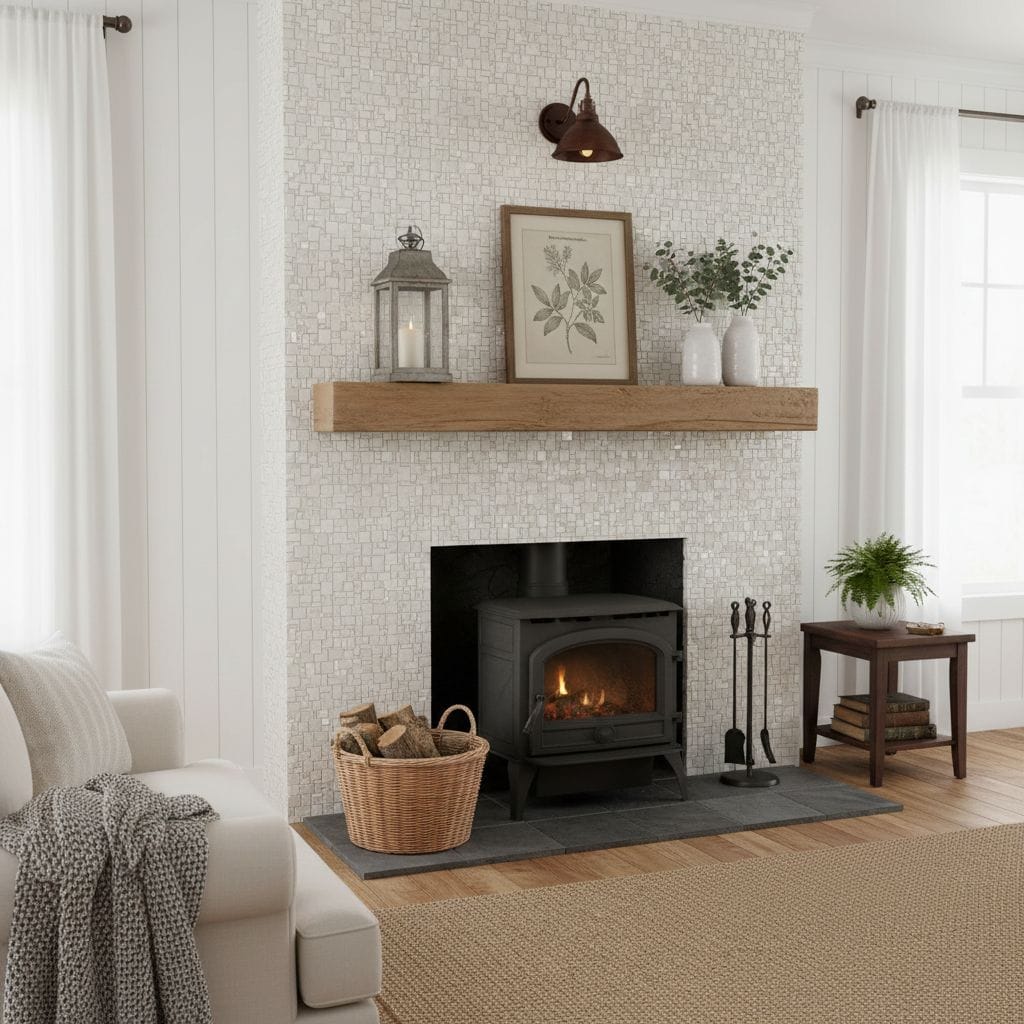 Stone mosaic tile, neutral color, textured surface.