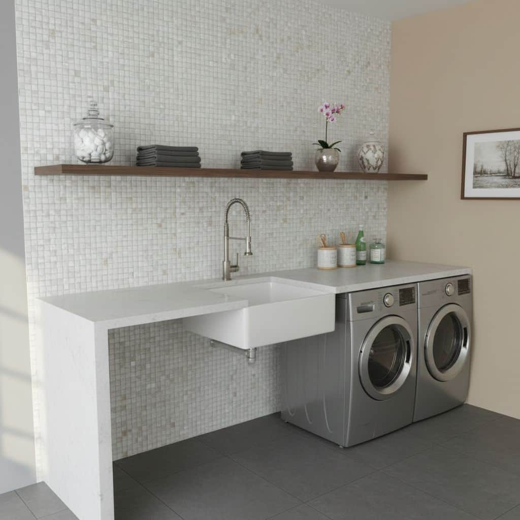 Bright white mosaic tile wall with a smooth, matte finish and subtle texture.