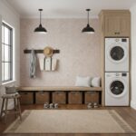 Beige textured tile wall with subtle pattern, perfect for laundry or utility rooms, adding a warm and neutral aesthetic.