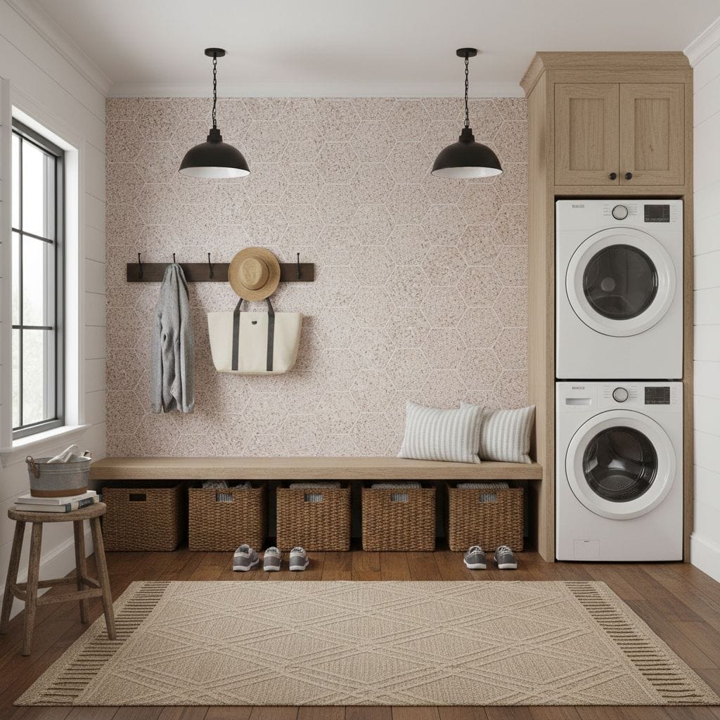 Beige textured tile wall with subtle pattern, perfect for laundry or utility rooms, adding a warm and neutral aesthetic.