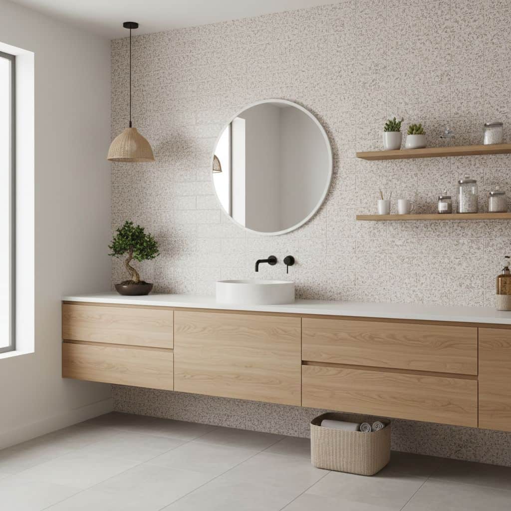 Bright, neutral-toned bathroom with light wood vanity, round mirror, and floating shelves. Minimalist style with textured wal.
