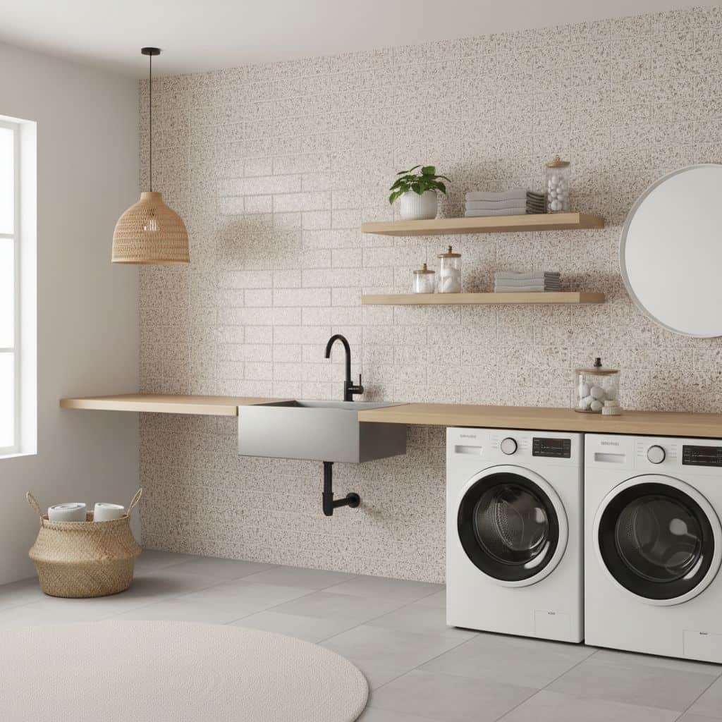 Light beige speckled wall tiles with a smooth texture, used in a modern laundry room setting.