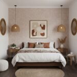 Warm beige textured wall with modern abstract art.
