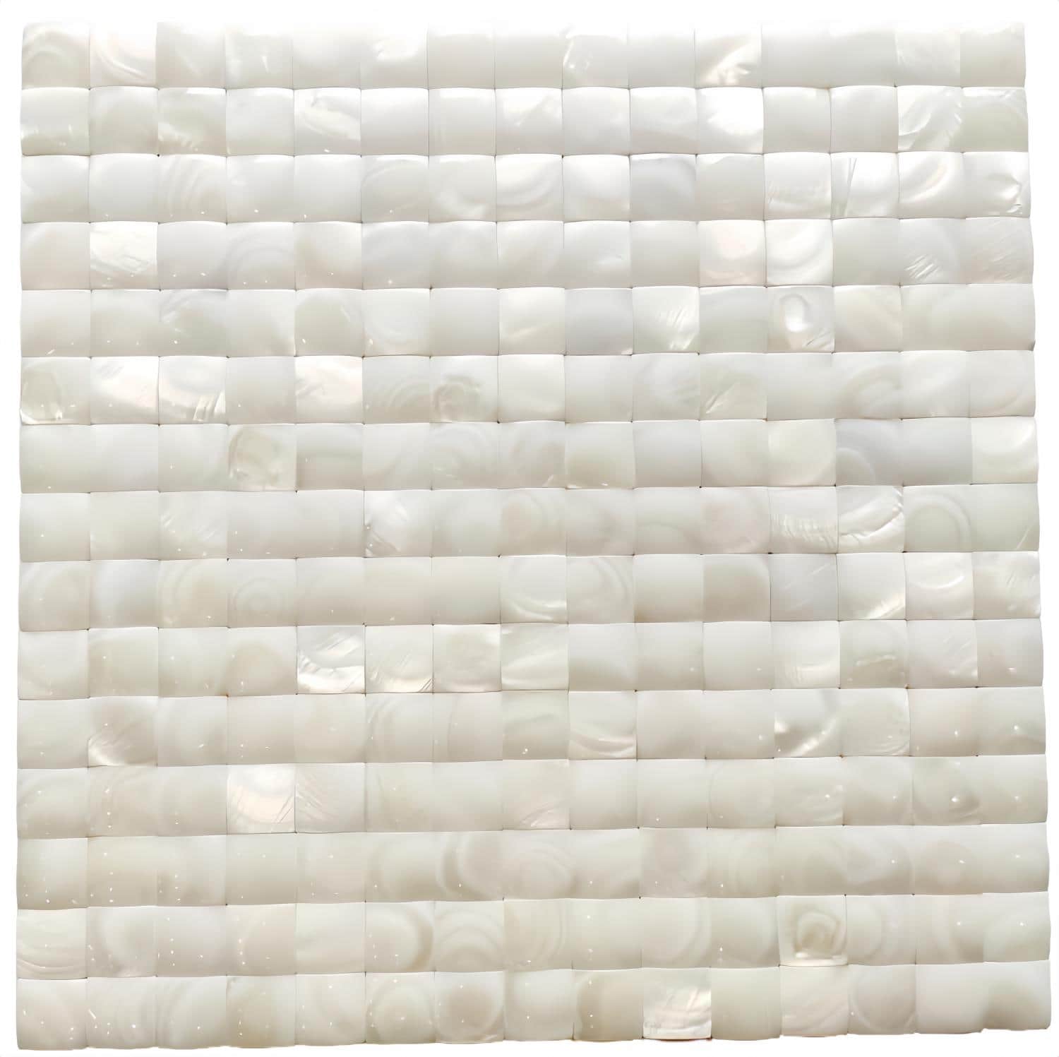 Elegant white mother of pearl tiles with a glossy, iridescent finish and smooth texture.
