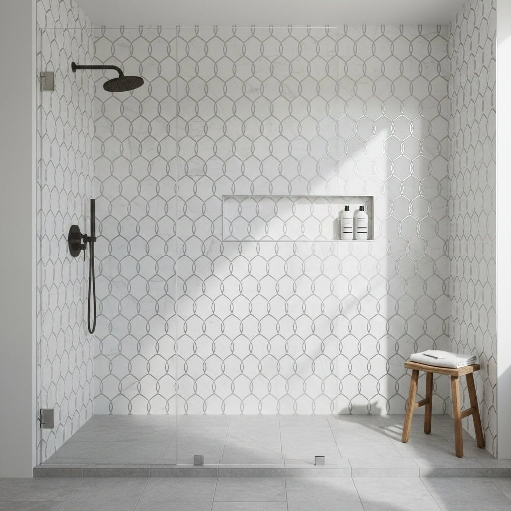 White hexagon ceramic tiles with matte finish in a modern shower, featuring a built-in niche with toiletries and a wooden sto.