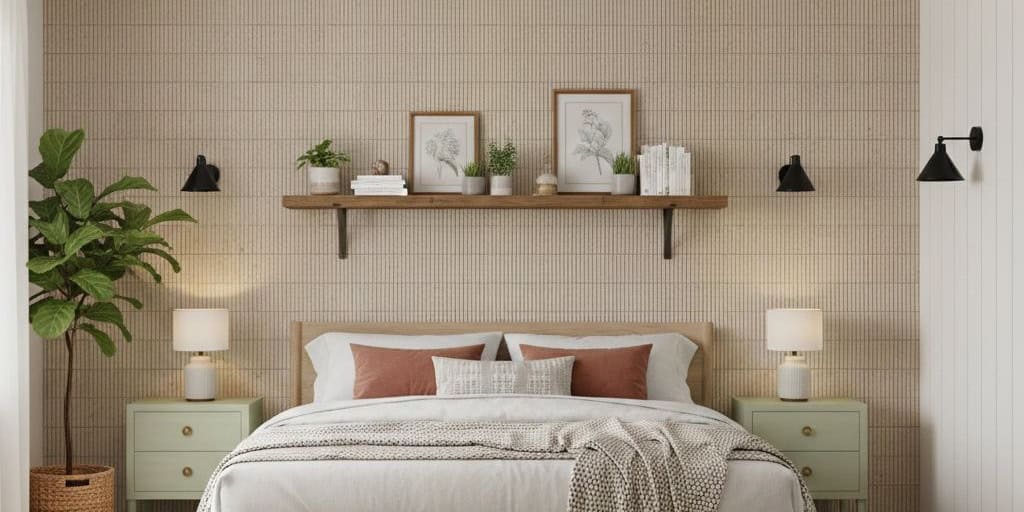 Soft beige wall tiles with textured surface and subtle pattern, complemented by modern decor and warm lighting.