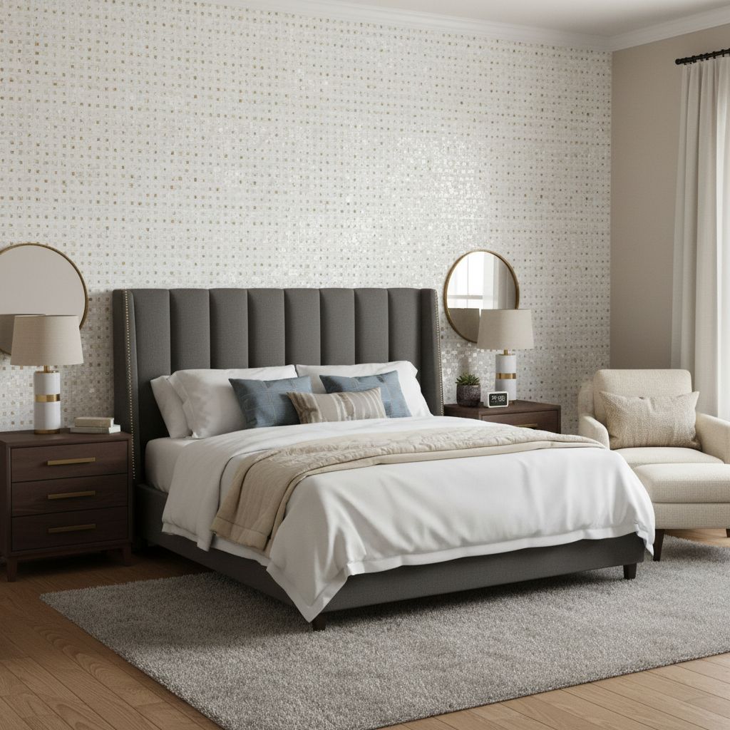 Neutral-colored ceramic tile with textured surface and subtle pattern, complementing modern bedroom decor.