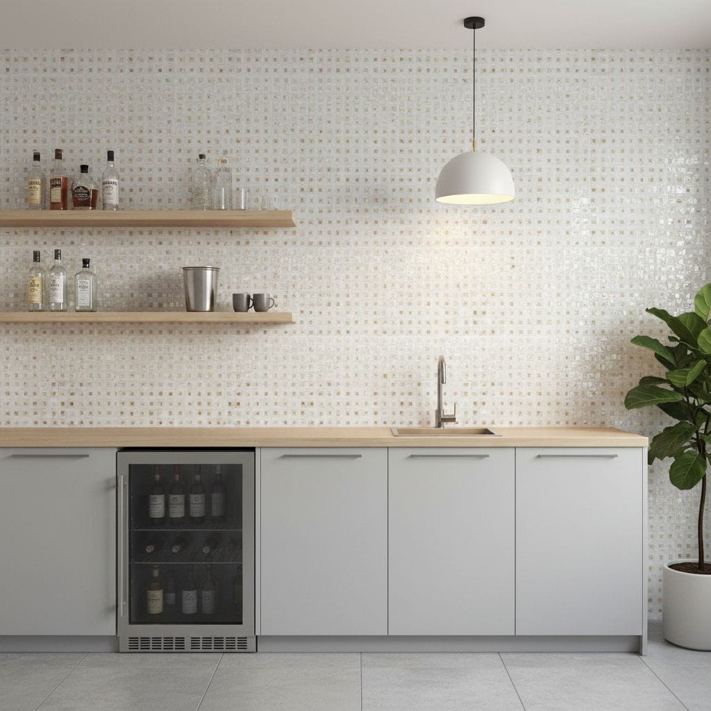 White mosaic tile wall with subtle texture, modern kitchen counter with minimalist design, and a large green plant for a fres.